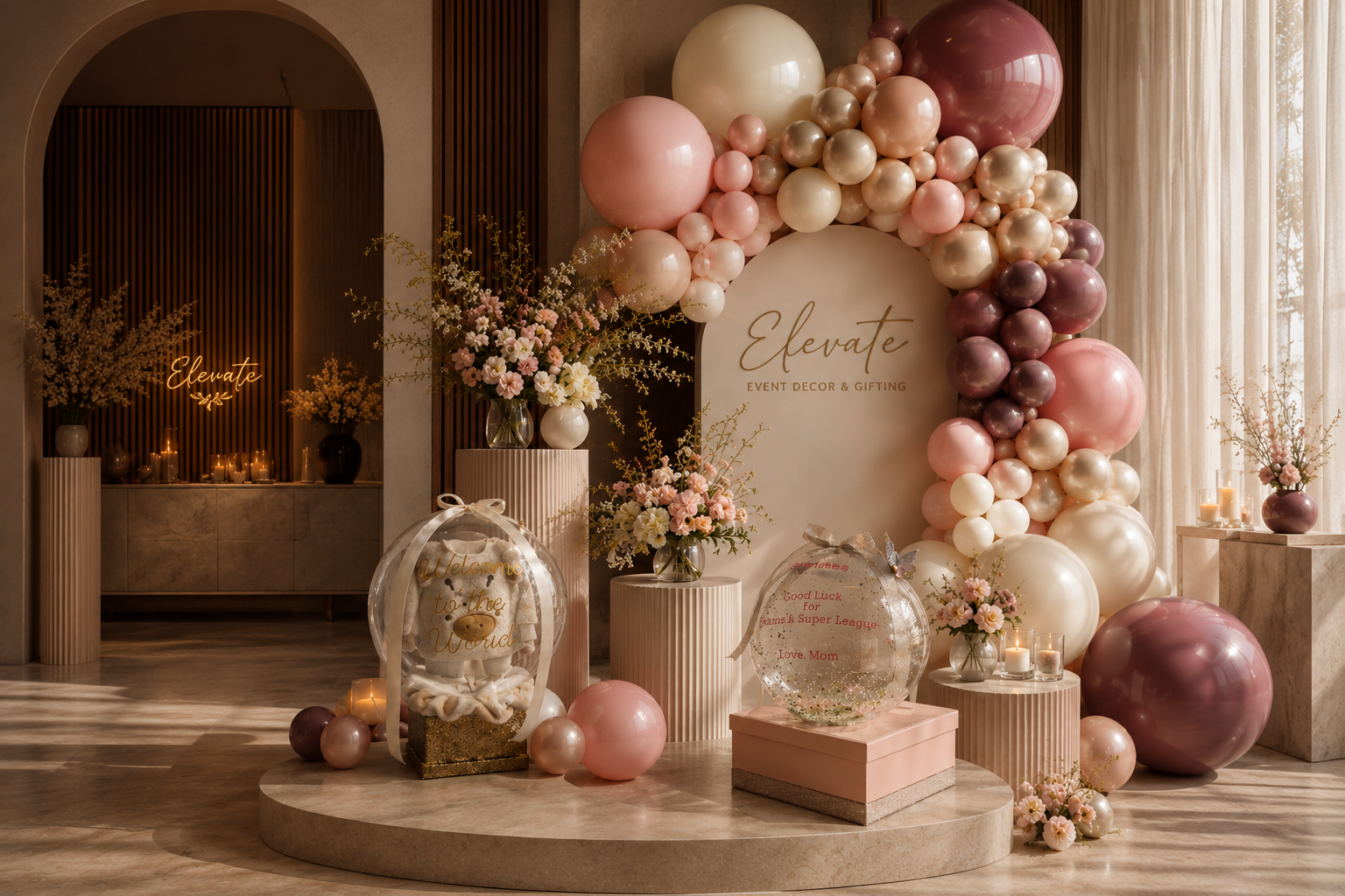 An elegant Elevate celebration with blush balloons, florals and bespoke gifts